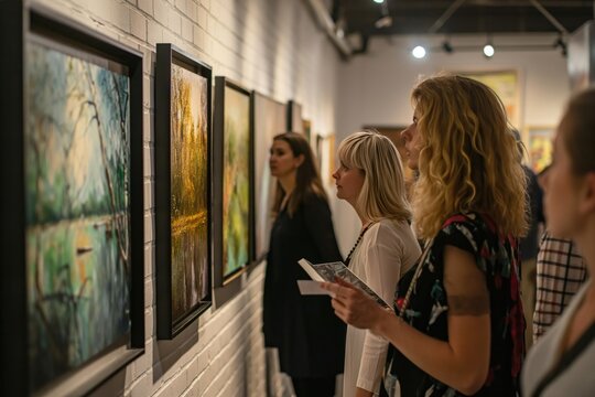People in an art gallery looking at artwork. It's a gallery opening with artist and gallery owner guiding people through the exhibition. 