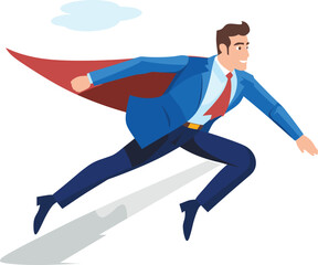 A businessman with a superhero cape is flying swiftly upwards in this vector illustration