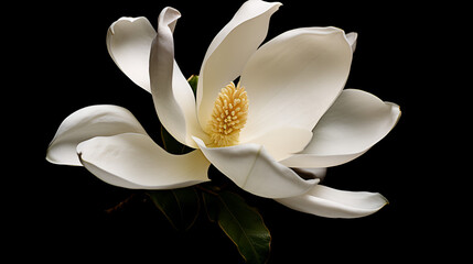 Magnolia flower blossom isolated on black background, generative ai