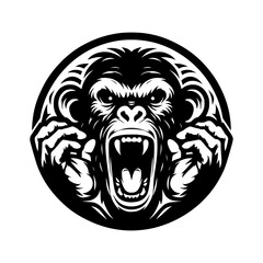 Vector logo of a raging gorilla. Professional logo of a chimpanzee. Black and white logo of an ape isolated on white background.
