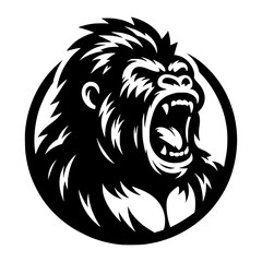 Vector logo of a raging gorilla. Professional logo of a chimpanzee. Black and white logo of an ape isolated on white background.