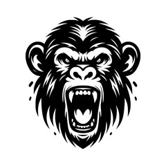 Vector logo of a raging gorilla. Professional logo of a chimpanzee. Black and white logo of an ape isolated on white background.