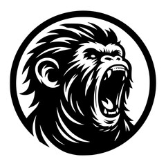 Vector logo of a raging gorilla. Professional logo of a chimpanzee. Black and white logo of an ape isolated on white background.