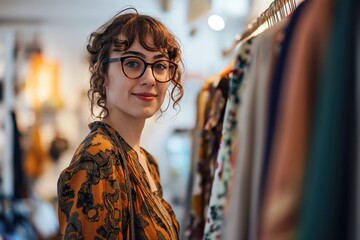Shot of a young fashion designer in her boutique, bright background, clothes hanging 