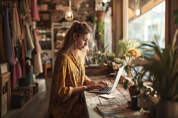 Shot of a young fashion designer using a laptop and mobile phone in her boutique 