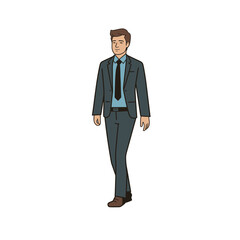 A businessman in a suit standing calmly is depicted in a vector illustration.