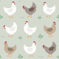 Seamless pattern with various colored chicken.