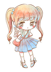 水色界隈、女児ファッション、推し色コーデでピースする女子イラスト