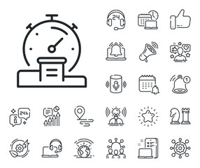 Stopwatch time results sign. Place location, technology and smart speaker outline icons. Timer line icon. Podium with countdown clock symbol. Timer line sign. Influencer, brand ambassador icon. Vector
