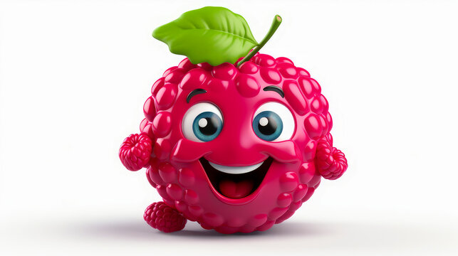 Raspberry with a cheerful face 3D on a white background.