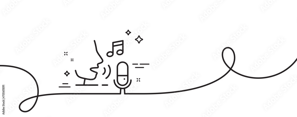 Poster microphone line icon. continuous one line with curl. studio mic sign. voice record device symbol. mi