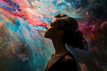 side view of a woman in art gallery getting sucked into a time portal
