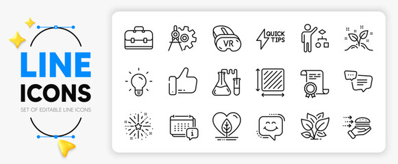Food delivery, Fireworks explosion and Chemistry lab line icons set for app include Cogwheel dividers, Local grown, Vr outline thin icon. Square area, Algorithm, Like pictogram icon. Vector