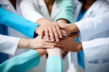 Foto op Plexiglas Diverse and united unrecognizable multiethnic medical team demonstrating unity by stacking hands © Ilja