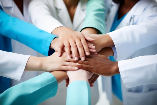 Diverse and united unrecognizable multiethnic medical team demonstrating unity by stacking hands
