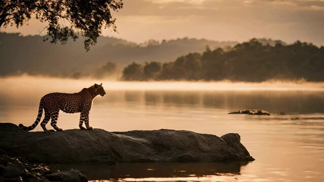 Silhouetted Leopard beside lake side