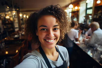 Young black waitress smiling and taking selfie photo while working at cafe indoors - obrazy, fototapety, plakaty