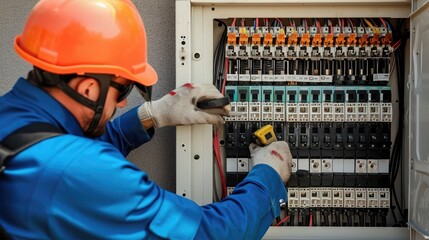 a lifestyle stock photography of A professional electrician, wearing a safety helmet and uniform, installing a new, modern circuit breaker in an electrical panel, viewed from an overhead angle.