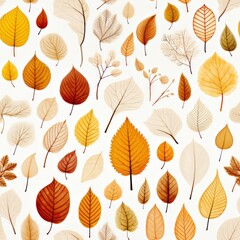 Seamless pattern translucent autumn foliage skeleton in vibrant colors on white background