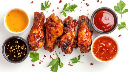 Air fryer chicken wings glazed with hot chilli sauce and served with different sauces. isolated on...