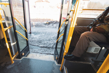 view from inside a city public transport bus at sunset © Torkhov