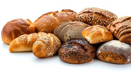 Assortment of baked bread on wooden table background 