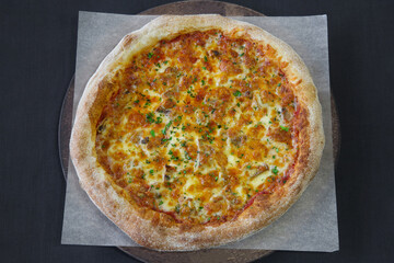 Hot pizza with mozzarella cheese and green basil close-up