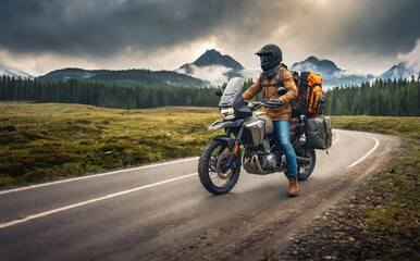 Adventurous motorcycle rider on the road on a motorcycle with camping bags