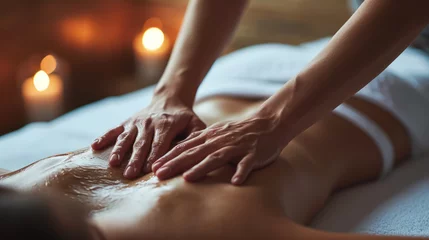 Foto auf Acrylglas Massagesalon Hands give a calming back massage with oil to a young female, highlighting wellness and relaxation.
