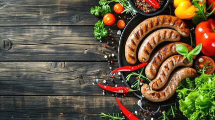 fresh grilled sausages with vegetables on wooden table, top view. Space for text 