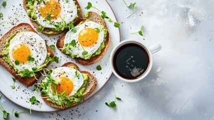 Avocado Egg Sandwiches and coffee for healthy breakfast. Whole grain toasts with mashed avocado, fried eggs and organic microgreens on white table.  - obrazy, fototapety, plakaty