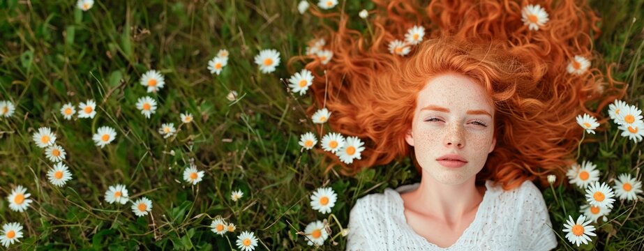  young woman with red hair lies down on grass surrounded by  daisies, horizontal background, copy space for text, spring and nature concept
