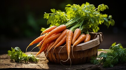 Freshly picked orange carrots in rustic basket, earthy soil backdrop, canon 5d mark iv, f5.6 - obrazy, fototapety, plakaty