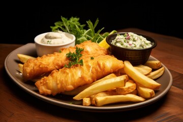 fish and chips dish at minimal kitchen. Homemade or takeaway food. Traditional typical British meal. French fries potato with sauce. 