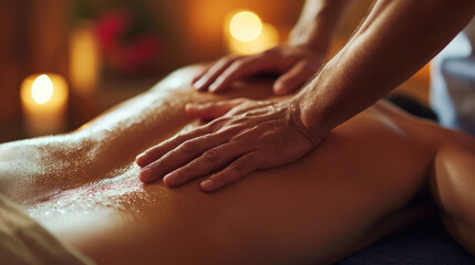 Close-up of a man receiving therapeutic, relaxing back massage in a serene spa setting. - obrazy, fototapety, plakaty