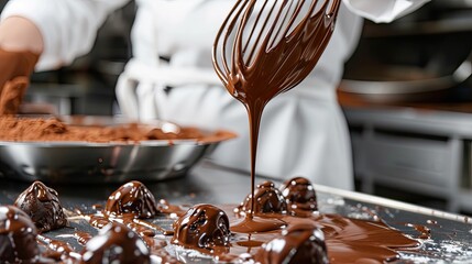Baker or chocolatier preparing chocolate bonbons whisking the melted chocolate with a whisk dripping onto the counter below 