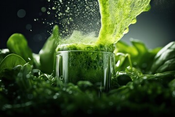 pouring green juice smoothie from blender to a glass Isolde on black background with copy space left