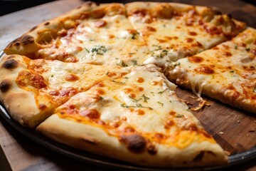 four cheese pizza at pizzeria. Quattro formaggi homemade or take away at home closeup served on wooden board 