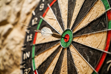 Close up of a dart hitting the bullseye on a traditional dartboard, symbolizing precision and success in achieving goals.