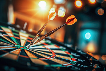 Close-up of darts hitting the bullseye on a dartboard, symbolizing precision and success in a leisure game.