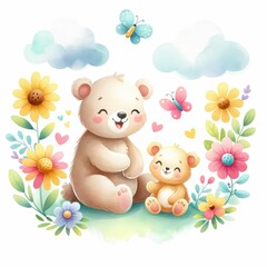 Naklejka premium Cute cartoon bear mom hugging baby cub, sweet brown bears family watercolor with white background