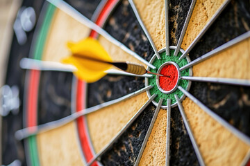 Close-up image of a dart hitting the bullseye on a traditional dartboard, depicting success and precision in a competitive game.