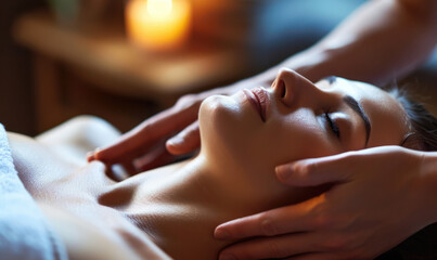 Gentle hands giving a relaxing face massage, focusing on wellness and tranquility.
