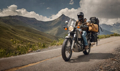 Fototapeta na wymiar Adventurous motorcycle rider on the road on a motorcycle with camping bags