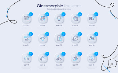 Set of E-bike, Product knowledge and Speaker line icons for web app. 360 degrees, Cogwheel, Monitor repair icons. Wholesale goods, Megaphone, Waterproof signs. Timer, Diesel station, Stars. Vector