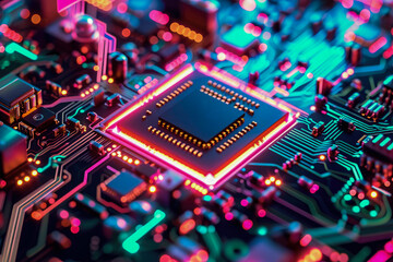Obraz premium Vibrant neon lights illuminate a close-up of a futuristic circuit board with a central microchip, symbolizing cutting-edge technology.