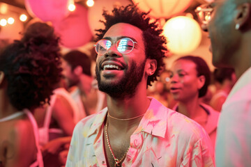 A joyful man with sunglasses smiling at a lively indoor party surrounded by friends and colorful balloons. - obrazy, fototapety, plakaty