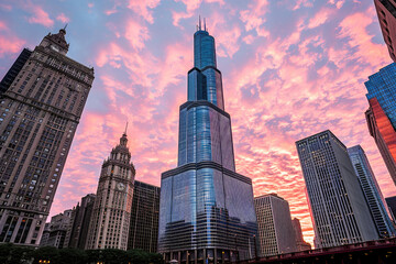 Fototapeta na wymiar Stunning view of a vibrant city skyline at sunset with colorful clouds in Chicago.