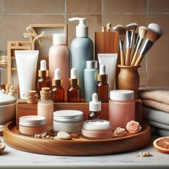 Fototapeta na wymiar Collection of face care products displayed on the wooden tray podium