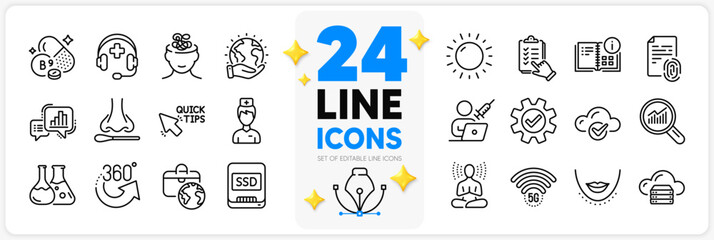 Icons set of Checklist, Graph chart and Cloud computing line icons pack for app with Anxiety, Chemistry lab, 5g wifi thin outline icon. Vaccination appointment, 360 degrees, Ssd pictogram. Vector